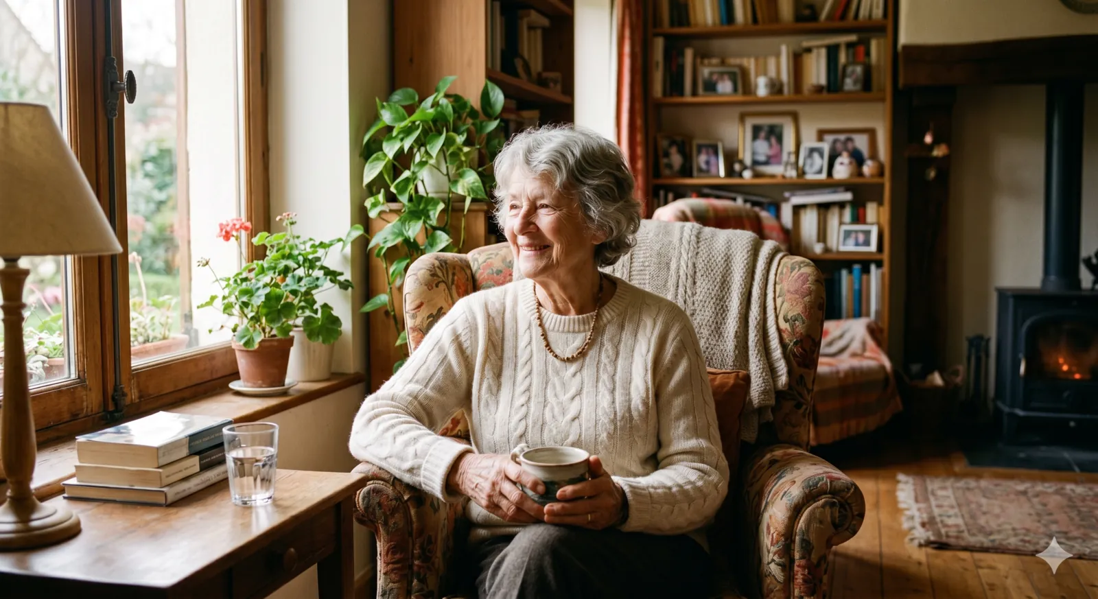 Une femme âgée sereine chez elle, une boisson chaude à la main, dans une lumière douce